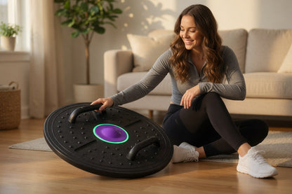 Woman demonstrating a balance board trainer during a low-impact home fitness workout