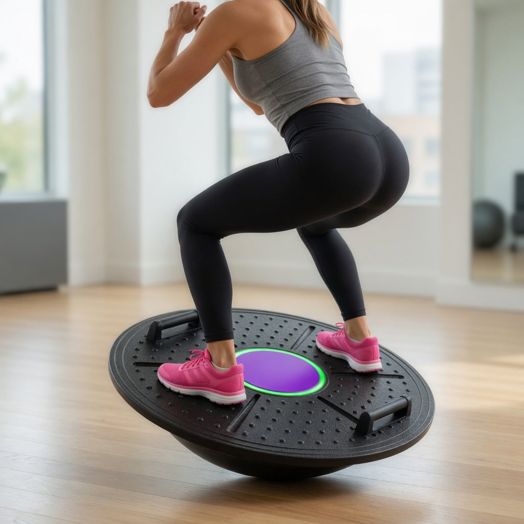 Balance board trainer used for squat exercise, core engagement and stability training