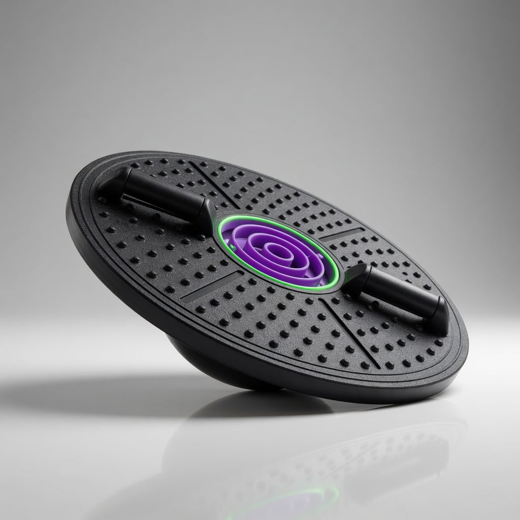 Angled view of balance board trainer showing compact design for balance and core workouts