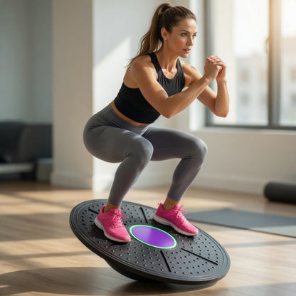 Woman using balance board trainer for lower-body stability, balance and core exercise
