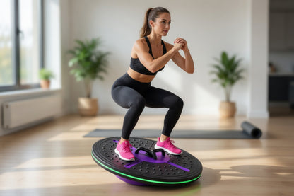 Home workout using a balance board trainer for balance, coordination and core strength