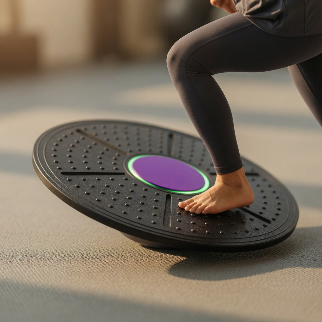 Feet positioned on balance board trainer during stability and balance exercise
