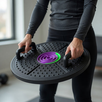 Person holding a compact balance board trainer for easy storage and home use