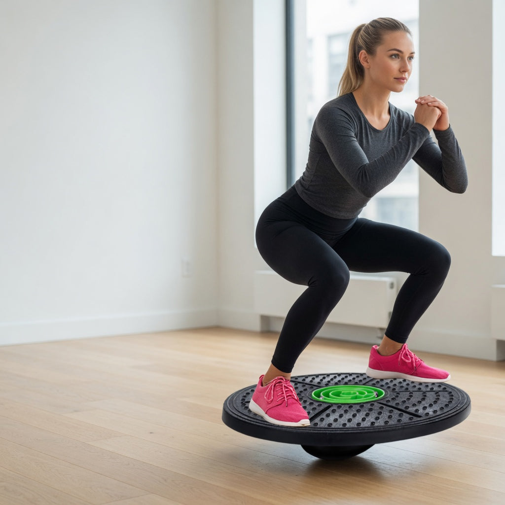 Woman performing a squat on a balance board trainer for lower-body stability and balance