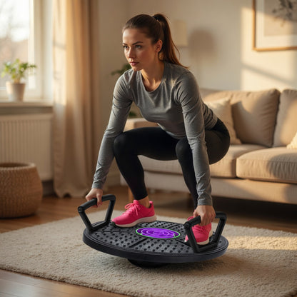 Woman using balance board trainer during a home workout for balance and coordination