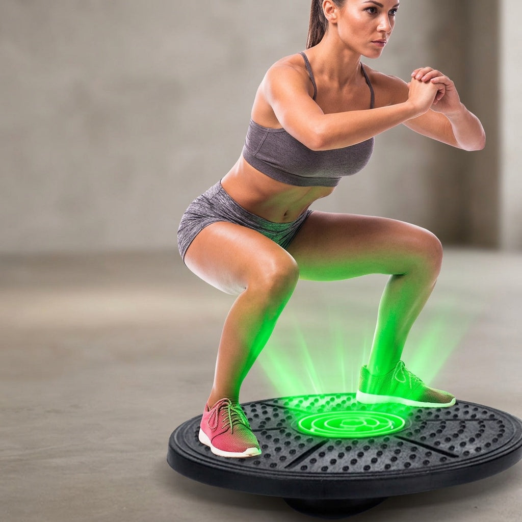 Woman using a balance board trainer for core strength, stability and balance training at home
